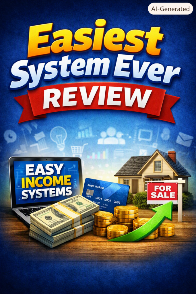 Easiest System Ever review image showing laptop, credit card, cash, and house for sale
