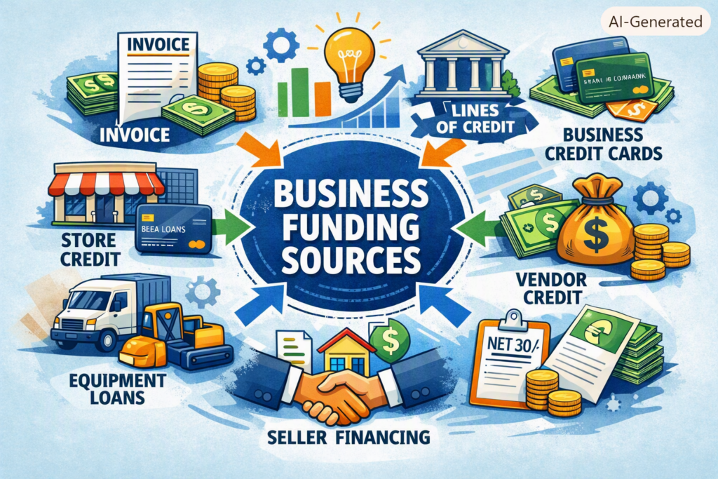 Infographic showing seven business funding sources including vendor credit, store credit, business credit cards, lines of credit, equipment loans, invoice funding, and SBA loans.