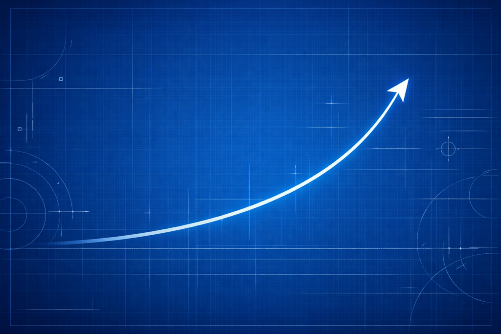 Blueprint‑style graphic showing an upward credit score curve representing a structured credit optimization system.