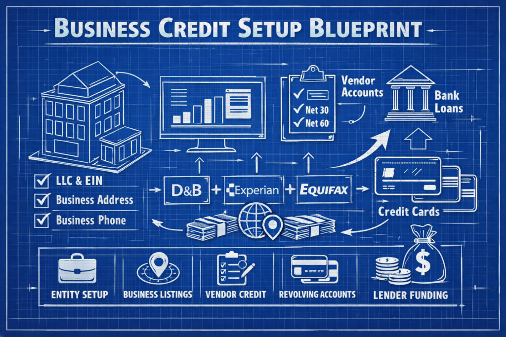 Business credit setup blueprint diagram showing entity setup, vendor accounts, and funding tiers.