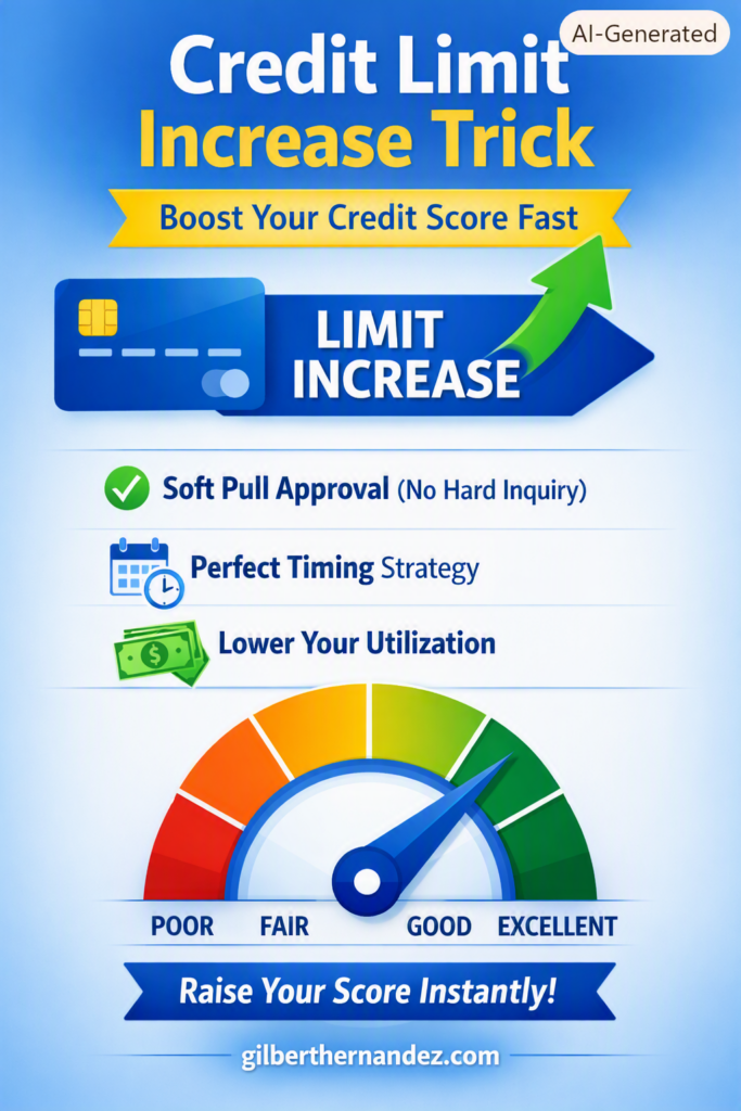 Credit limit increase trick infographic with credit card, upward arrow, and credit score meter.