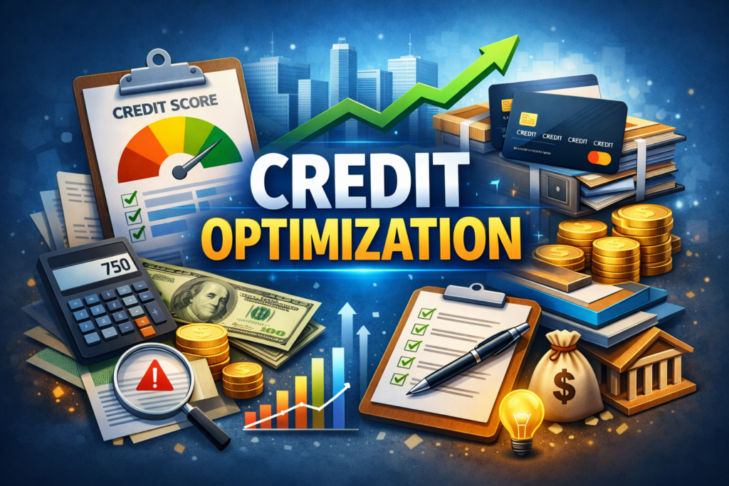 Illustration showing credit optimization with credit score gauge, credit cards, financial tools, and upward growth arrows.