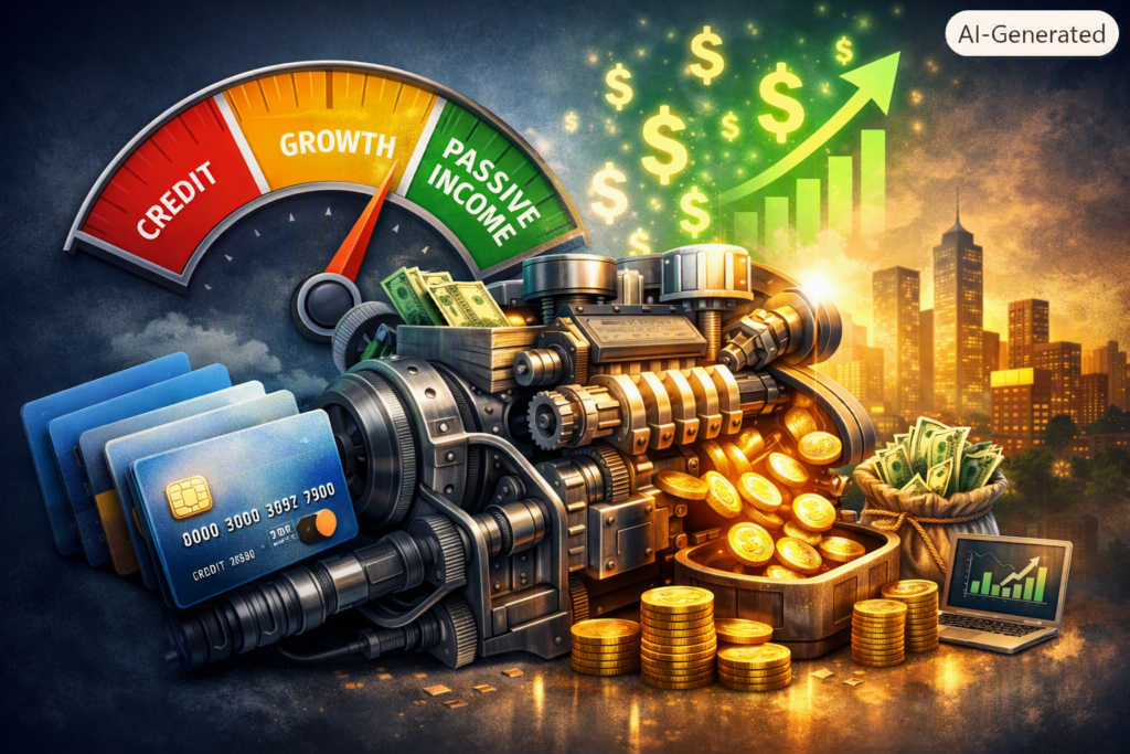 Illustration of a credit engine turning credit and cashflow into passive income