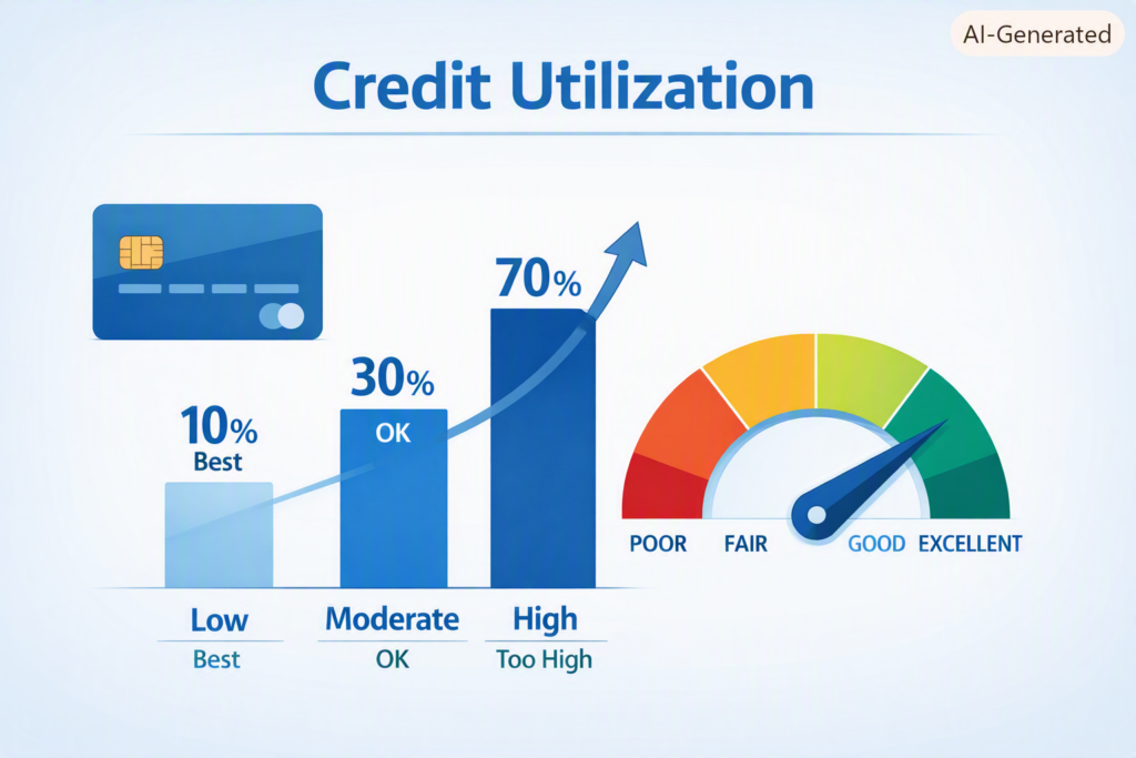 Credit utilization infographic with a credit card, percentage bars, and a rising credit score meter.