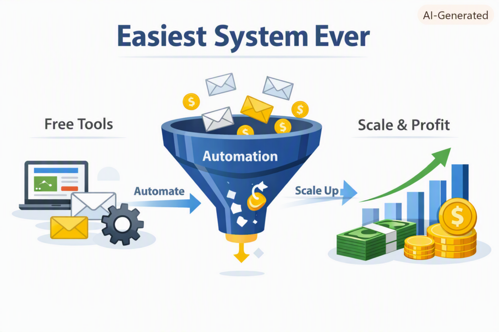 Easiest System Ever review funnel showing flow from free tools to automation to scaling