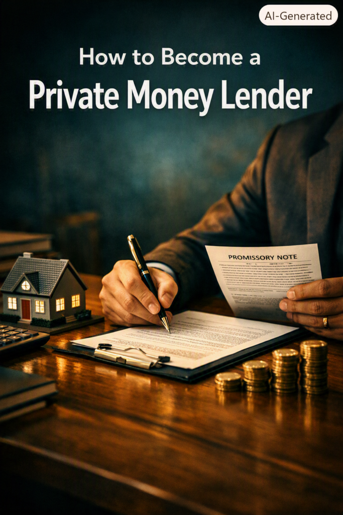  Confident private lender reviewing property documents and a promissory note at a desk with a house model and stacked coins.
