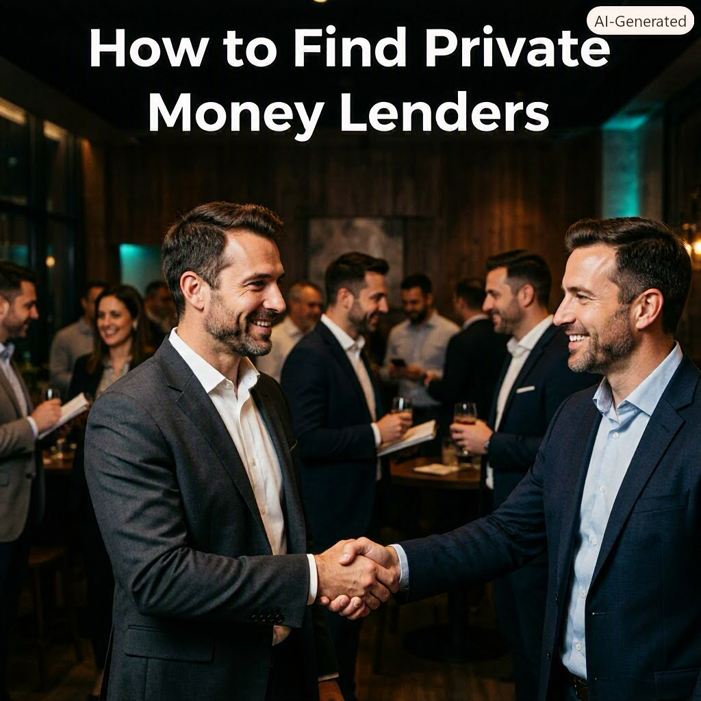 Real estate investor shaking hands at a networking event with other investors in the background.