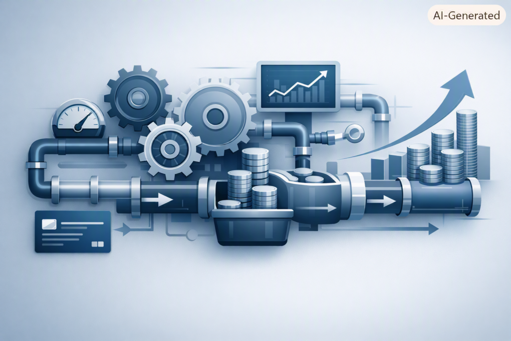 Mechanical systems illustration showing gears, pipelines, and credit growth flow