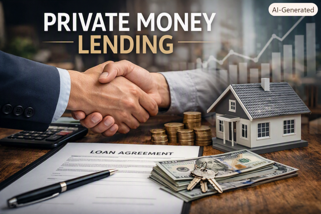 Private money lending agreement between investor and borrower with handshake, cash, and house model.