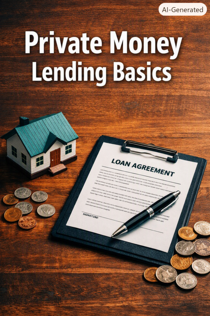 Flat‑lay photo of a wooden desk with a teal‑roof house model, loan agreement clipboard, pen, and coins. Text overlay reads “Private Money Lending Basics.”