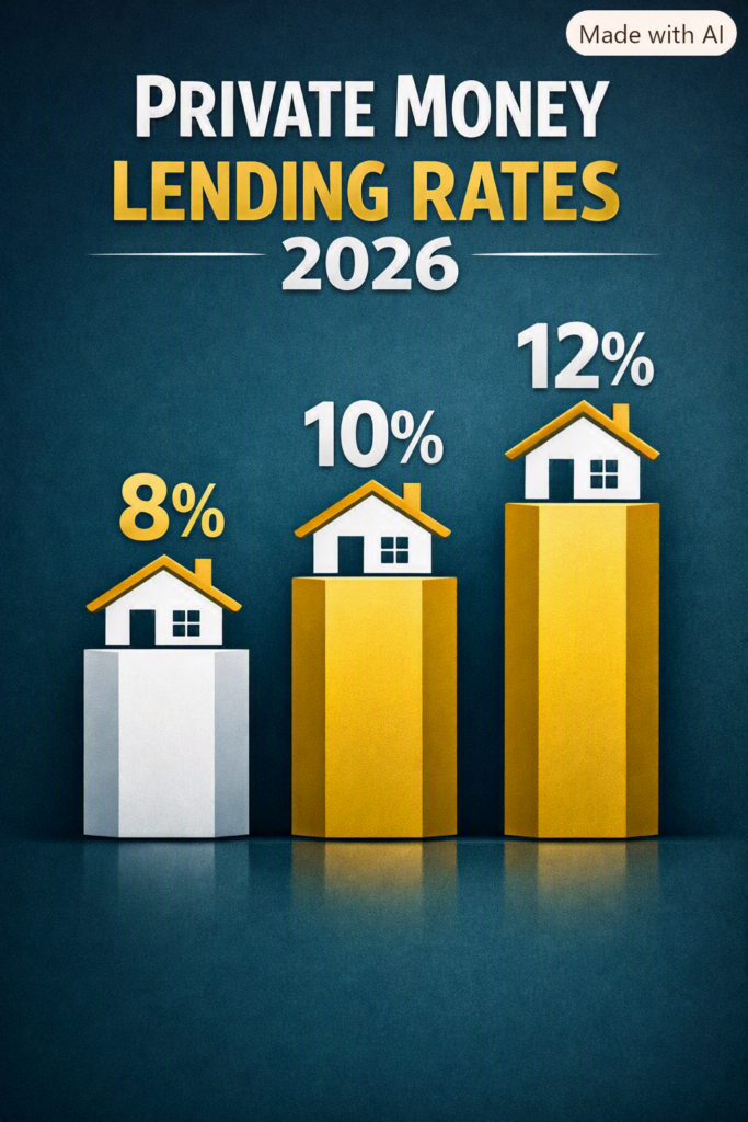Infographic showing private money lending rates for 2026 with three gold and white bar graphs labeled 8%, 10%, and 12%, each topped with a house icon on a dark teal background.
