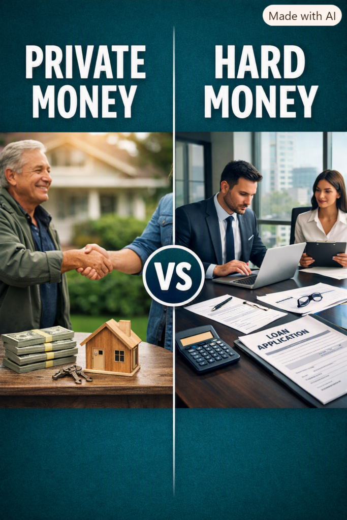 Split‑screen infographic comparing Private Money and Hard Money lending. Left side shows two people shaking hands outdoors; right side shows a business meeting in an office. Dark teal background with bold white text labels.