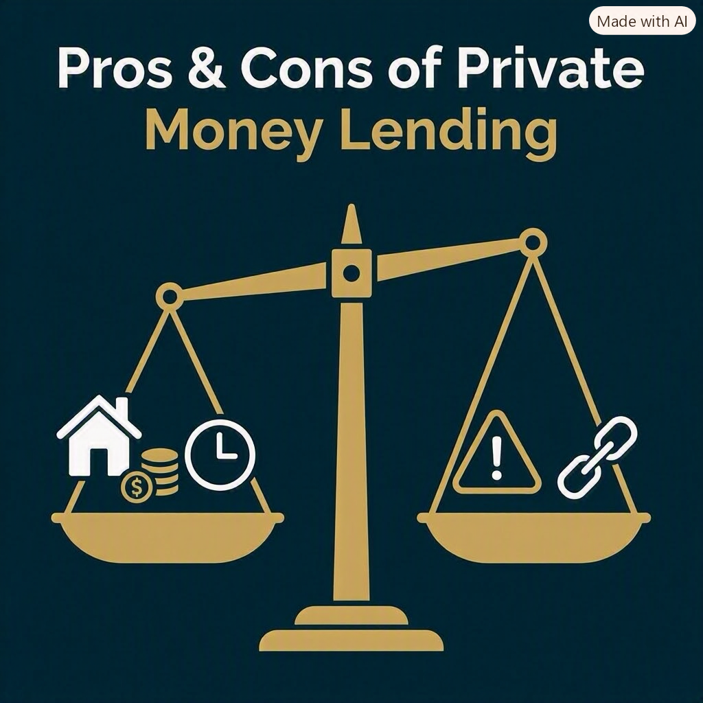 Balanced gold scale on dark teal background showing pros and cons of private money lending — house, money, and clock icons on one side; warning triangle and chain icons on the other.